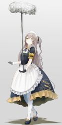 Rule 34 | 1girl, alternate costume, apron, balancing, black dress, black footwear, black gloves, brown hair, commentary request, dress, flat chest, frilled apron, frilled dress, frills, full body, girls&#039; frontline, gloves, grey background, guchagucha, hair ornament, hair scrunchie, highres, long hair, looking up, maid, maid day, maid headdress, mop, one side up, parted lips, scar, scar across eye, scrunchie, short sleeves, simple background, solo, ump45 (girls&#039; frontline), waist apron, white apron, yellow eyes