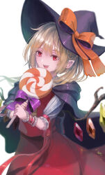 Rule 34 | 1girl, absurdres, adapted costume, alternate headwear, ascot, back bow, black bow, black hat, blonde hair, bow, candy, cowboy shot, crystal, fangs, flandre scarlet, food, halloween, hat, hat bow, hat ribbon, highres, holding, holding candy, holding food, holding lollipop, large hat, lollipop, medium hair, miltee (pdfe7528), multicolored wings, open mouth, orange bow, orange ribbon, pointy ears, puffy short sleeves, puffy sleeves, red eyes, red ribbon, red skirt, red vest, ribbon, shirt, short sleeves, simple background, skirt, skirt set, solo, teeth, touhou, vest, white background, white shirt, wings, witch hat, wrist bow, wrist cuffs, yellow ascot