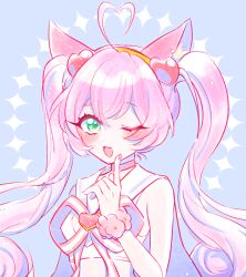 Rule 34 | 1girl, ahoge, animal ears, blue background, bow, cat ears, cat girl, crop top, green eyes, long hair, looking at viewer, mel6969, one eye closed, open mouth, rosia (show by rock!!), sailor collar, shirt, show by rock!!, sleeveless, sleeveless shirt, smile, solo, twintails