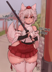Rule 34 | 1girl, animal ears, english text, hip vent, inubashiri momiji, japanese clothes, looking at viewer, miko, ourobot, solo, sword, tail, thick thighs, thighhighs, thighs, touhou, weapon, white hair, white thighhighs, wide hips, wolf ears, wolf girl, wolf tail