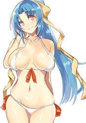 Rule 34 | 1girl, bikini, blue hair, blush, bow, breasts, brown eyes, female focus, hair bow, large breasts, long hair, looking at viewer, navel, ponytail, q (a72pgc), rescue me!, shimizu sayaka, simple background, smile, solo, swimsuit, white background, white bikini