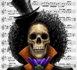 Rule 34 | 1boy, afro, ascot, black hair, blue ascot, brook (one piece), hat, hayrullah kaya, looking at viewer, musical note, one piece, realistic, skeleton, skull, solo, solo focus, top hat
