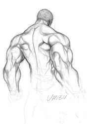 Rule 34 | 1boy, back, bad id, bad twitter id, capcom, character name, from behind, graphite (medium), greyscale, highres, male focus, monochrome, muscular, short hair, sketch, solo, street fighter, street fighter iii (series), topless male, traditional media, urien, yoshihara motoki