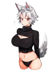 Rule 34 | 1girl, alternate costume, animal ear fluff, animal ears, bad id, bad pixiv id, black panties, black shirt, breasts, cleavage, cleavage cutout, clothing cutout, commentary request, cowboy shot, crop top, cropped legs, inubashiri momiji, large breasts, long sleeves, looking at viewer, midriff, navel, no pants, panties, red eyes, shirt, short hair, silver hair, simple background, solo, standing, stomach, suminagashi, tail, touhou, turtleneck, underwear, white background, wolf ears, wolf tail