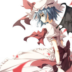 Rule 34 | 1girl, absurdres, bad id, bad pixiv id, bat wings, blue hair, dress, female focus, hat, highres, kine-c, red eyes, remilia scarlet, short hair, simple background, solo, touhou, white background, wings, wrist cuffs