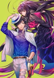 Rule 34 | 1boy, 1girl, arm at side, arm up, belt, black belt, black hair, black serafuku, black shirt, blue shirt, closed mouth, collared shirt, cowboy shot, fate/grand order, fate (series), fedora, foot out of frame, gradient hair, green background, grey scarf, hair over one eye, hand in pocket, hat, highres, holding, holding clothes, holding hat, jacket, jacket on shoulders, katana, koha-ace, leaning forward, long hair, long skirt, long sleeves, looking afar, looking at viewer, low ponytail, medium hair, multicolored hair, neckerchief, no shoes, oryou (fate), pants, pantyhose, parted lips, pink neckerchief, pink pantyhose, purple hair, red eyes, sakamoto ryouma (fate), scarf, school uniform, serafuku, shirt, shirt tucked in, simple background, skirt, sleeves past elbows, sword, tenobe, torn clothes, torn neckerchief, v, very long hair, weapon, white headwear, white jacket, white pants