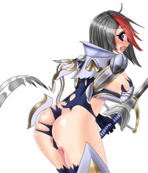 Rule 34 | 1girl, ahoge, armor, ass, attack, battle, black hair, blue bodysuit, blue eyes, blush, bodysuit, breasts, breasts out, commentary, covering breasts, covering one breast, covering privates, cutting, embarrassed, eyebrows, fiora (league of legends), from side, gauntlets, gloves, holding, holding sword, holding weapon, large breasts, league of legends, leaning forward, looking at viewer, motion blur, multicolored hair, nose blush, partially visible vulva, pauldrons, pov, raised eyebrows, rapier, red hair, ribbon, shia neko-chan, shiny skin, short hair, shoulder armor, sideboob, skindentation, solo, standing, surprised, swept bangs, sword, tearing clothes, tears, torn bodysuit, torn clothes, two-tone hair, vambraces, weapon, wide-eyed