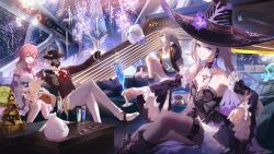 1boy 2025 3girls aerial_fireworks animal asta_(honkai:_star_rail) bare_shoulders black_dress black_jacket black_pantyhose black_skirt breasts brown_hair couch critter_pick_(honkai:_star_rail) cup dog dress fedora fireworks grey_hair hat herta_(honkai:_star_rail) holding holding_animal holding_cup honkai:_star_rail honkai_(series) indoors jacket long_hair looking_at_viewer medium_breasts medium_hair miniskirt monocle multiple_girls on_couch pants pantyhose peppy_(honkai:_star_rail) purple_eyes red_hair robot salmon88 screwllum_(honkai:_star_rail) shirt sitting skirt small_breasts stelle_(honkai:_star_rail) the_herta_(honkai:_star_rail) trailblazer_(honkai:_star_rail) white_dress white_pants white_shirt witch_hat wubbaboo_(honkai:_star_rail)