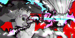 Rule 34 | 1boy, absurdres, chromatic aberration, fighting stance, fire, fire, flaming sword, flaming weapon, greyscale, hair between eyes, hair ears, highres, holding, holding sword, holding weapon, jujutsu kaisen, katana, male focus, monochrome, monster, motion blur, okkotsu yuuta, open mouth, orimoto rika, red background, sharp teeth, simple background, sleeves rolled up, spot color, sword, teeth, upper body, weapon, yumeno ochawan