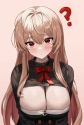 Rule 34 | 1girl, ?, absurdres, between breasts, black shirt, blonde hair, bow, bowtie, breasts, cleavage, cleavage cutout, clothing cutout, fakey, highres, large breasts, long hair, long sleeves, looking at viewer, original, raised eyebrow, red eyes, shirt, simple background, solo, upper body