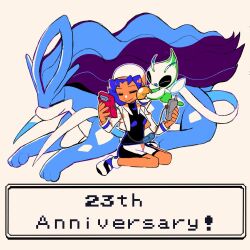 Rule 34 | 1girl, anniversary, bike shorts, blue hair, celebi, cellphone, closed eyes, creatures (company), cropped jacket, dialogue box, game boy, game boy color, game freak, gen 2 pokemon, gs ball, handheld game console, hat, holding, holding handheld game console, holding phone, kneeling, kris (pokemon), legendary pokemon, limited palette, mythical pokemon, nintendo, phone, poke ball, pokemon, pokemon (creature), pokemon gsc, shoes, smile, sneakers, suicune, turtleneck, twintails, tyako 089