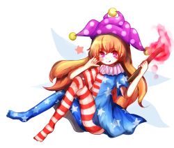 Rule 34 | 1girl, american flag dress, american flag legwear, bad id, bad twitter id, blonde hair, clownpiece, fairy wings, full body, hat, jester cap, long hair, mayo (mayomr29), pantyhose, purple eyes, short sleeves, solo, star (symbol), striped clothes, striped pantyhose, tongue, tongue out, torch, touhou, very long hair, wings