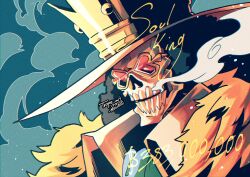 Rule 34 | 1boy, absurdres, afro, brook (one piece), close-up, collared shirt, commentary, crown, english commentary, feather boa, hat, highres, male focus, one piece, shirt, skeleton, smoke, solo, sunglasses, trope art, twitter username