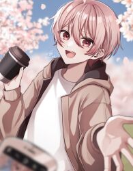 Rule 34 | 1boy, blue sky, brown hair, brown hoodie, cellphone, cherry blossoms, coffee cup, cup, disposable cup, flower, highres, holding, holding cup, hood, hood down, hoodie, komusubi moru, long sleeves, looking at viewer, male focus, open mouth, original, petals, phone, pink eyes, pink flower, shirt, signature, sky, smile, twitter username, white shirt
