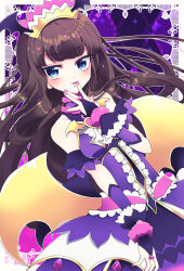 Rule 34 | 1girl, bare shoulders, bat wings, blue eyes, blunt bangs, blush, brown hair, center frills, commentary request, crown, dress, frilled dress, frills, hand to own mouth, hand up, highres, jewelry, kurosu aroma, long hair, looking at viewer, marueri, nail polish, open mouth, pink nails, pretty series, pripara, purple background, purple dress, ring, smile, solo, very long hair, wing hair ornament, wings