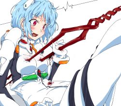 Rule 34 | 1girl, ayanami rei, bident, blood, blue hair, breast torture, breasts, commentary request, crying, crying with eyes open, guro, highres, imao kiiru, impaled, lance of longinus (evangelion), neon genesis evangelion, plugsuit, polearm, red eyes, solo, stab, tears, weapon