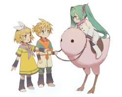 Rule 34 | 1boy, baggy socks, blonde hair, blue eyes, blush, bsgkstnals03, coat, creature, detached sleeves, facing another, full body, green eyes, green hair, hair between eyes, hair ornament, hairpin, hatsune miku, highres, holding, holding reins, kagamine len, kagamine rin, long hair, looking at another, multiple hairpins, open mouth, reaching towards another, reins, riding, saddle, short hair, standing, tunic, twintails, very long hair, vocaloid, white background, winter clothes, winter coat