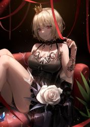 Rule 34 | 1girl, absurdres, arm tattoo, black background, black choker, black dress, blonde hair, breasts, choker, cleavage, closed mouth, commission, couch, crown, crystal, dress, flower, highres, knees up, light particles, light smile, looking at viewer, medium breasts, mini crown, minttchocok, mole, mole under eye, on couch, original, pixiv commission, red eyes, red ribbon, ribbon, rose, second-party source, short hair, sitting, sleeveless, sleeveless dress, solo, tattoo, thighs, white flower, white rose
