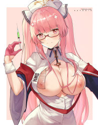 Rule 34 | 1girl, aztodio, azur lane, breasts, center opening, gloves, hair ornament, half gloves, hat, highres, holding, holding syringe, id card, large breasts, long hair, looking at viewer, nipples, nurse, nurse cap, perseus (azur lane), perseus (unfamiliar duties) (azur lane), pink eyes, pink gloves, pink hair, solo, syringe, twintails, very long hair, white hat, wide sleeves