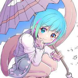 Rule 34 | 1girl, blue eyes, blue hair, blue skirt, blue vest, blurry, depth of field, foot out of frame, from above, hand on own cheek, hand on own face, hand up, heterochromia, highres, holding, holding umbrella, juliet sleeves, karakasa obake, long sleeves, looking at viewer, puffy sleeves, red eyes, shiroi karasu, simple background, skirt, smile, solo, squatting, tatara kogasa, touhou, umbrella, vest, white background