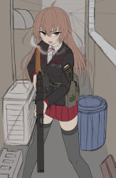Rule 34 | 1girl, alley, black jacket, blush, brown hair, collared shirt, concrete, dress shirt, fang, feet out of frame, grey thighhighs, gun, hair between eyes, heavy breathing, highres, holding, holding gun, holding weapon, integral suppressor, integrally-suppressed firearm, jacket, long hair, looking at viewer, neck ribbon, open mouth, original, pleated skirt, red eyes, red ribbon, red skirt, ribbon, rifle, scope, shirt, skirt, sniper rifle, solo, standing, suppressor, sweat, thighhighs, toz (tulsky oruzheiny zavod), trash can, tsniitochmash, tula arms plant, very long hair, vss vintorez, weapon, white shirt, yakob labo