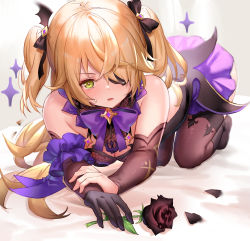 Rule 34 | 1girl, all fours, arm scrunchie, bare shoulders, bat hair ornament, black bow, black flower, black ribbon, black rose, blonde hair, bodystocking, bodysuit, bow, bowtie, breasts, brown sleeves, brown thighhighs, commentary, eyepatch, fischl (genshin impact), fishnet bodysuit, fishnets, flower, genshin impact, gloves, green eyes, hair bow, hair ornament, hair over one eye, highres, holding, holding flower, long hair, looking at viewer, open mouth, petals, purple bow, purple bowtie, ribbon, rose, rota (078), single glove, solo, sparkle, sweat, thighhighs, two side up