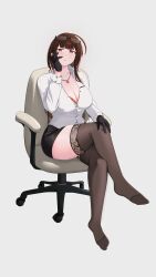 Rule 34 | 1girl, absurdres, bra, breasts, brown hair, button shirt, cleavage, dsr-50 (girls&#039; frontline), girls&#039; frontline, glasses, gloves, highres, jewelry, large breasts, long hair, necklace, office lady, pencil skirt, red eyes, sainee, shirt, skirt, solo, tagme, thighhighs, underwear, zettai ryouiki