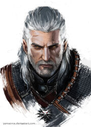 1boy armor artist_name beard deviantart_username facial_hair geralt_of_rivia highres looking_at_viewer portrait scar scar_across_eye simple_background solo the_witcher_(series) watermark web_address white_background white_hair witcher_medallion yama_orce yellow_eyes