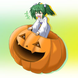 Rule 34 | 1girl, closed eyes, female focus, green hair, hair bobbles, hair ornament, hitoniarazu, jack-o&#039;-lantern, kisume, long sleeves, open mouth, solo, ^^^, touhou, twintails, wide sleeves