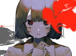Rule 34 | 1girl, absurdres, black eyes, black hair, blurry, blurry foreground, blush, bob cut, close-up, collared shirt, crying, crying with eyes open, flower, hair between eyes, highres, long bangs, long sleeves, looking at viewer, original, parted lips, portrait, red flower, red pupils, shadow, shirt, short hair, sidelocks, simple background, solo, straight-on, tears, toasu, white background, white shirt