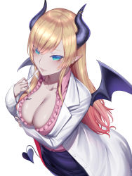 Rule 34 | 1girl, absurdres, aqua eyes, black skirt, blonde hair, breast tattoo, breasts, cleavage, closed mouth, demon girl, demon horns, demon tail, demon wings, frilled shirt, frills, from above, highres, hololive, horns, kumiko shiba, lab coat, large breasts, pink shirt, pointy ears, shirt, skirt, solo, tail, tattoo, virtual youtuber, wings, yuzuki choco, yuzuki choco (1st costume)
