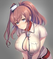 Rule 34 | 1girl, bad id, bad twitter id, belt, blouse, blue eyes, blush, breast pocket, breasts, brown hair, cleavage, closed mouth, hair between eyes, highres, kantai collection, large breasts, leaning forward, looking at viewer, neckerchief, open clothes, open shirt, pantsu majirou, pocket, ponytail, red belt, red neckerchief, saratoga (kancolle), shirt, side ponytail, sidelocks, simple background, smile, solo, upper body, white shirt