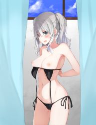Rule 34 | 1girl, alternate costume, bikini, black bikini, blue eyes, blue sky, blush, breasts, day, grey hair, hair between eyes, highres, inushi, kantai collection, kashima (kancolle), large breasts, long hair, looking at viewer, nipples, open mouth, sky, solo, swimsuit, twintails, window