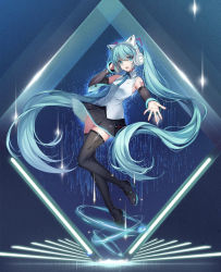 Rule 34 | 1girl, absurdly long hair, animal ear headphones, animal ears, aqua eyes, aqua hair, aqua nails, aqua necktie, bare shoulders, blouse, breasts, cat ear headphones, collared shirt, detached sleeves, english text, fake animal ears, floating, full body, grey shirt, hatsune miku, hatsune miku (vocaloid4), headphones, headset, high heels, highres, lace, lace-trimmed shirt, lace trim, long hair, looking at viewer, mechanical ears, miniskirt, nail polish, necktie, open hand, open mouth, reaching, reaching towards viewer, shirt, skirt, sleeveless, sleeveless shirt, small breasts, smile, solo, swept bangs, thighhighs, twintails, very long hair, vocaloid, yowu chan, zettai ryouiki