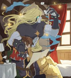 Rule 34 | 1boy, ?, armored boots, blonde hair, boots, bracelet, brown hair, capelet, chair, coat, commentary request, cup, curtains, draph, feet out of frame, geisenborger, granblue fantasy, hand on another&#039;s shoulder, horns, indoors, inkwell, jewelry, lamp, laziness035, crossed legs, long hair, paper, quill, short hair, signature, sitting, sparkle, speech bubble, table, teapot, the star (granblue fantasy), window, writing