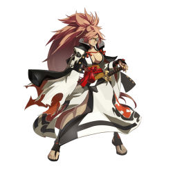 Rule 34 | 1girl, amputee, arc system works, baiken, bandages, big hair, breasts, chain, cleavage, dual wielding, facial tattoo, female focus, full body, guilty gear, guilty gear xrd, highres, holding, japanese clothes, katana, kimono, large breasts, lips, long hair, no bra, obi, official art, one-eyed, open clothes, open kimono, pink eyes, pink hair, ponytail, reverse grip, sash, scar, scar across eye, scar on face, serious, simple background, solo, standing, sword, tattoo, teeth, weapon, white background, wide-eyed