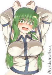 Rule 34 | 10s, 1girl, arms up, bad id, bad pixiv id, blush, breasts, clenched hands, cosplay, covered erect nipples, detached sleeves, dungeon ni deai wo motomeru no wa machigatteiru darou ka, female focus, frog hair ornament, green eyes, green hair, hair ornament, hestia (danmachi), hestia (danmachi) (cosplay), kochiya sanae, large breasts, long hair, looking at viewer, matching hair/eyes, midriff, open mouth, rei no himo, simple background, snake hair ornament, solo, sweatdrop, tebukuro withana, touhou, twitter username, upper body, white background