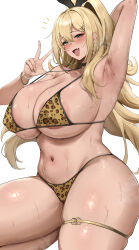 1girl :d absurdres animal_print areola_slip armpits bikini blonde_hair blush breasts commentary_request fang fingernails goddess_of_victory:_nikke green_eyes highres huge_breasts leopard_print long_hair looking_at_viewer nail_polish navel nunu_(pixiv69145027) open_mouth print_bikini rupee_(nikke) sideboob simple_background smile solo sweat swimsuit thick_thighs thigh_strap thighs underboob w white_background yellow_bikini yellow_nails