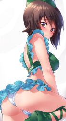 Rule 34 | 1girl, ass, back, blush, boots, cameltoe, cleft of venus, closed mouth, crop top, from behind, frown, garrison cap, girls und panzer, green footwear, green hat, green shirt, hat, high heel boots, high heels, highres, kuzuryuu kennosuke, legs, lips, looking at viewer, looking back, nishizumi maho, nishizumi miho, pacific racing team, panties, race queen, shirt, short hair, solo, standing, thigh boots, thighhighs, underwear, white background, white panties