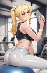 Rule 34 | 1girl, alternate costume, ass, back, ball, black bra, blonde hair, blurry, blurry background, blush, bra, breasts, cellphone, commentary, contemporary, exercise ball, fate testarossa, feet out of frame, from behind, from side, gym, highres, holding, holding phone, indoors, ishigaki takashi, large breasts, long hair, looking at viewer, looking back, lyrical nanoha, mahou shoujo lyrical nanoha, pants, parted bangs, parted lips, phone, ponytail, red eyes, sitting, sleeveless, smartphone, solo, sports bra, sportswear, sunlight, sweatdrop, tight clothes, tight pants, treadmill, underwear, white pants, window, yoga pants