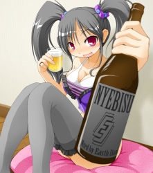 Rule 34 | 1girl, alcohol, beer, black hair, black thighhighs, blush, breasts, cleavage, drink, earth ekami, frilled thighhighs, frills, large breasts, long hair, original, perspective, red eyes, solo, thighhighs, twintails