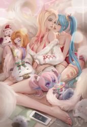 Rule 34 | 4girls, absurdres, ahri (league of legends), bare shoulders, barefoot, blonde hair, breasts, character request, check character, cleavage, cookie, detached sleeves, food, green hair, grey choker, hair ornament, highres, hug, k/da (league of legends), k/da ahri, large breasts, league of legends, lollipoppy, long hair, lying, medium breasts, multiple girls, necktie, on back, orange hair, phone, pink hair, pointy ears, poppy (league of legends), poro (league of legends), red necktie, short necktie, skindentation, small breasts, sona (league of legends), thighhighs, twintails, xiuluoyi00, yuri, zoe (league of legends)