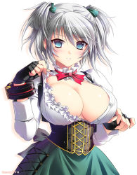 Rule 34 | 10s, 1girl, areola slip, artist name, bad id, bad pixiv id, black gloves, blue eyes, blush, breasts, bururai, ciel alencon, cleavage, corset, fingerless gloves, gloves, god eater, god eater 2: rage burst, hair ribbon, large breasts, looking at viewer, open clothes, open shirt, ribbon, shirt, short twintails, silver hair, simple background, skirt, solo, twintails, unbuttoned, white background