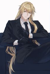Rule 34 | 1boy, armchair, black gloves, black jacket, black necktie, black pants, blonde hair, chair, closed mouth, collared shirt, commentary request, crossed legs, dress shirt, expressionless, formal, glove pull, gloves, green eyes, hair between eyes, hair intakes, hair over shoulder, highres, honkai: star rail, honkai (series), jacket, lapels, long hair, long sleeves, looking at viewer, low-tied long hair, luocha (honkai: star rail), male focus, necktie, on chair, pants, shirt, sidelocks, simple background, sitting, solo, suit, very long hair, white background, white shirt, wing collar, yadama (ydm 2w)
