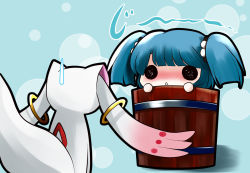 Rule 34 | 10s, 1girl, blue hair, blush, bucket, chibi, crossover, hair bobbles, hair ornament, in bucket, in container, kisume, kyubey, mahou shoujo madoka magica, mahou shoujo madoka magica (anime), o o, solo, staring, sweatdrop, touhou, twintails, two side up, yume shokunin