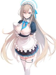 Rule 34 | 1girl, absurdres, apron, arm behind back, asuna (blue archive), asymmetrical bangs, black choker, blue archive, blue bow, blue bowtie, blue eyes, blue ribbon, bow, bowtie, breasts, choker, cleavage, detached collar, earpiece, elbow gloves, feet out of frame, frilled apron, frilled skirt, frills, garter straps, gloves, grin, hair between eyes, hair over one eye, hair ribbon, halo, hand on own chest, highres, light brown hair, long hair, looking at viewer, ludwig (user aewg2872), maid headdress, mole, mole on breast, puffy short sleeves, puffy sleeves, ribbon, short sleeves, simple background, skirt, smile, solo, thighhighs, very long hair, waist apron, white apron, white background, white gloves, white headwear, white thighhighs