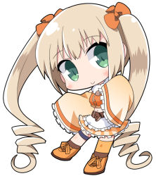 Rule 34 | 1girl, apron, blonde hair, bow, breasts, brown socks, chibi, commentary request, copyright request, detached sleeves, frilled apron, frilled sleeves, frills, full body, fur collar, green eyes, hair between eyes, hair bow, head tilt, long sleeves, midriff, navel, orange bow, orange footwear, orange shirt, orange skirt, osaragi mitama, plaid, plaid skirt, ringlets, shirt, shoes, sidelocks, skirt, sleeveless, sleeveless shirt, sleeves past fingers, sleeves past wrists, small breasts, socks, solo, twintails, waist apron, white apron, wide sleeves