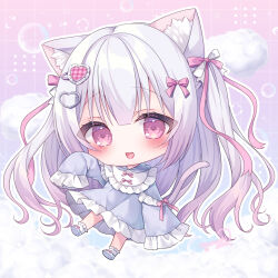 Rule 34 | 1girl, :3, :d, animal ear fluff, animal ears, artist name, blue dress, blunt bangs, blush, bubble, cat ears, cat girl, cat tail, chibi, cloud, collar, commentary request, dress, frilled collar, frilled dress, frilled sleeves, frills, full body, hair ornament, hair ribbon, hairclip, hand up, heart, heart hair ornament, long hair, looking at viewer, momochi chia, open mouth, original, outline, pink background, pink eyes, pink ribbon, ribbon, sleeves past fingers, sleeves past wrists, smile, solo, tail, tsurime, very long hair, white hair, white outline, white ribbon