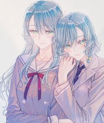 Rule 34 | 2girls, aqua hair, arm at side, bang dream!, blackfangs, blazer, blush, bow, braid, brown shirt, buttons, closed mouth, collarbone, collared shirt, commentary, diagonal-striped clothes, diagonal-striped necktie, double-breasted, gradient background, green eyes, grey background, grey jacket, hair between eyes, hair bow, hanasakigawa school uniform, hand on another&#039;s shoulder, hand up, haneoka school uniform, head on another&#039;s shoulder, heads together, heart, highres, hikawa hina, hikawa sayo, jacket, light particles, long hair, long sleeves, looking at viewer, multiple girls, neck ribbon, necktie, purple necktie, red ribbon, ribbon, sailor collar, school uniform, serafuku, shirt, short hair, siblings, side-by-side, side braids, sidelocks, sisters, smile, striped clothes, twin braids, twins, white sailor collar, white shirt, yellow bow