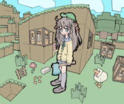 Rule 34 | 1girl, :d, ahoge, axe, bird, black outline, block (object), block (minecraft), blue eyes, blush, bow, bowtie, brown footwear, brown hair, cardigan, chicken, chicken (minecraft), cloud, crafting table (minecraft), fisheye, flower, grass, green ribbon, grey sailor collar, grey skirt, hair bow, hair ornament, heart, heart hair ornament, holding, holding axe, indie virtual youtuber, kneehighs, long hair, long sleeves, looking to the side, minecraft, neck ribbon, neuro-sama, open mouth, outline, pantsu-ripper, pleated skirt, red ribbon, ribbon, sailor collar, school uniform, shoes, skirt, sky, smile, socks, solo focus, standing, tree, turtle, two side up, vedal987, virtual youtuber, wide shot, yellow cardigan